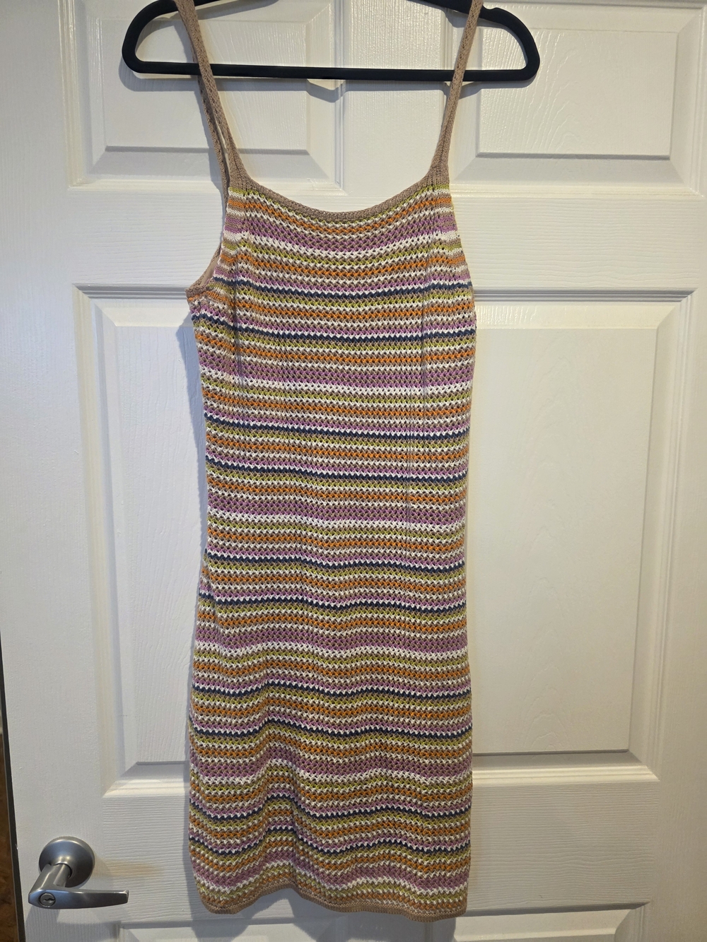 Olive & Oak Striped Knit Spaghetti Strap Mini Dress in Pink, Tan & White